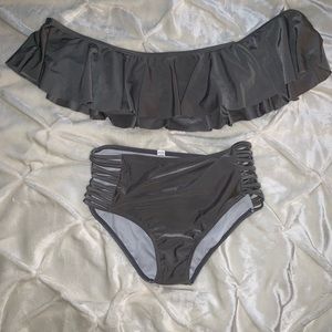 Off the shoulder grey high waisted bikini set